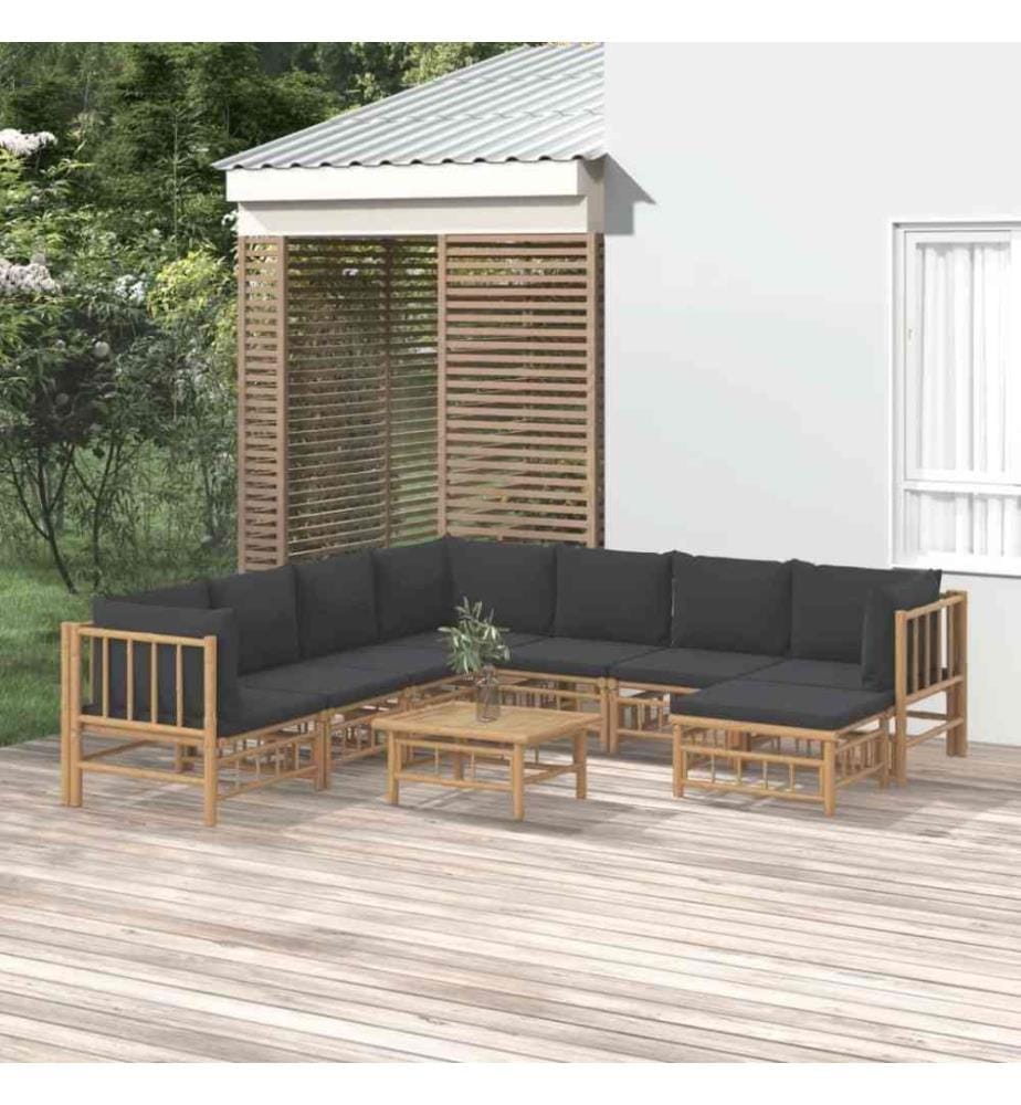 9-tlg. Garten-Lounge-Set mit Dunkelgrauen Kissen Bambus