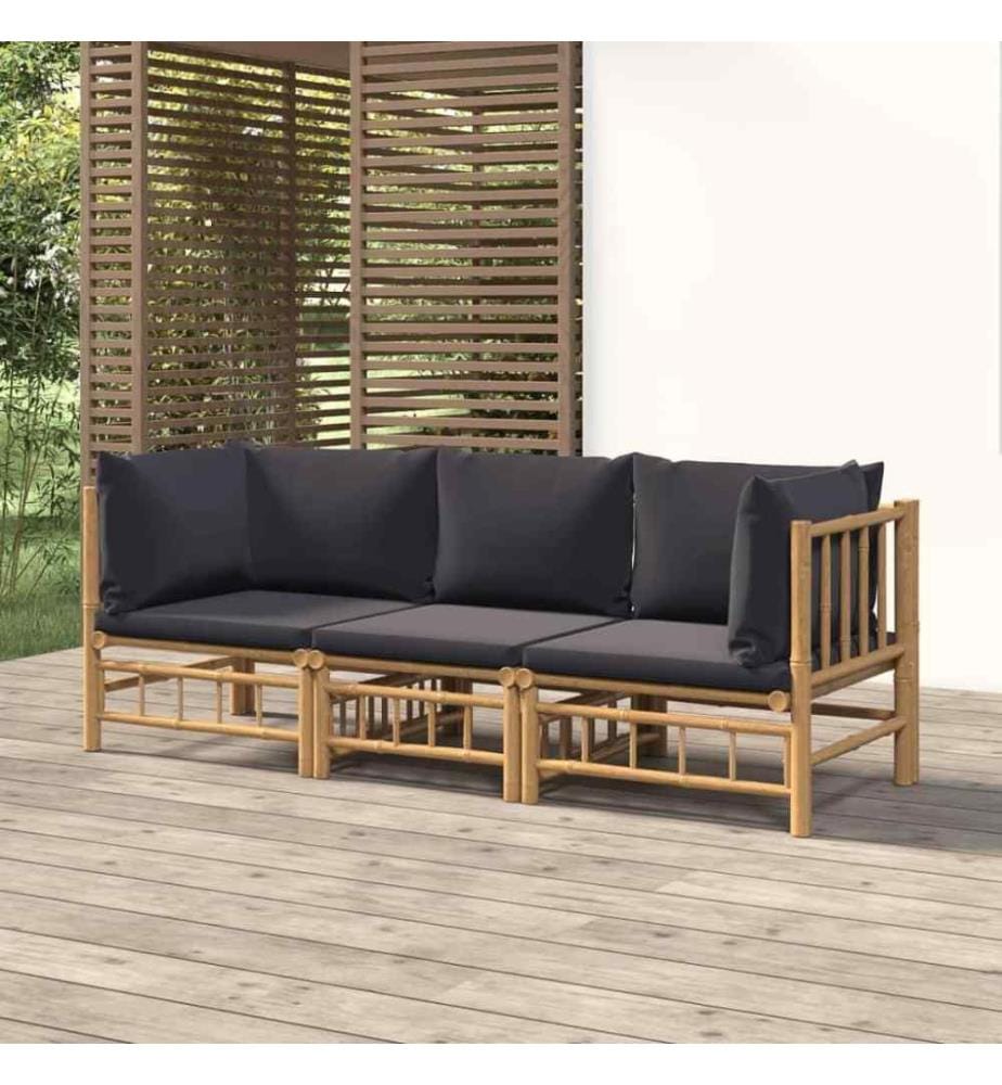 Salon de jardin 3 pcs avec coussins gris foncé bambou