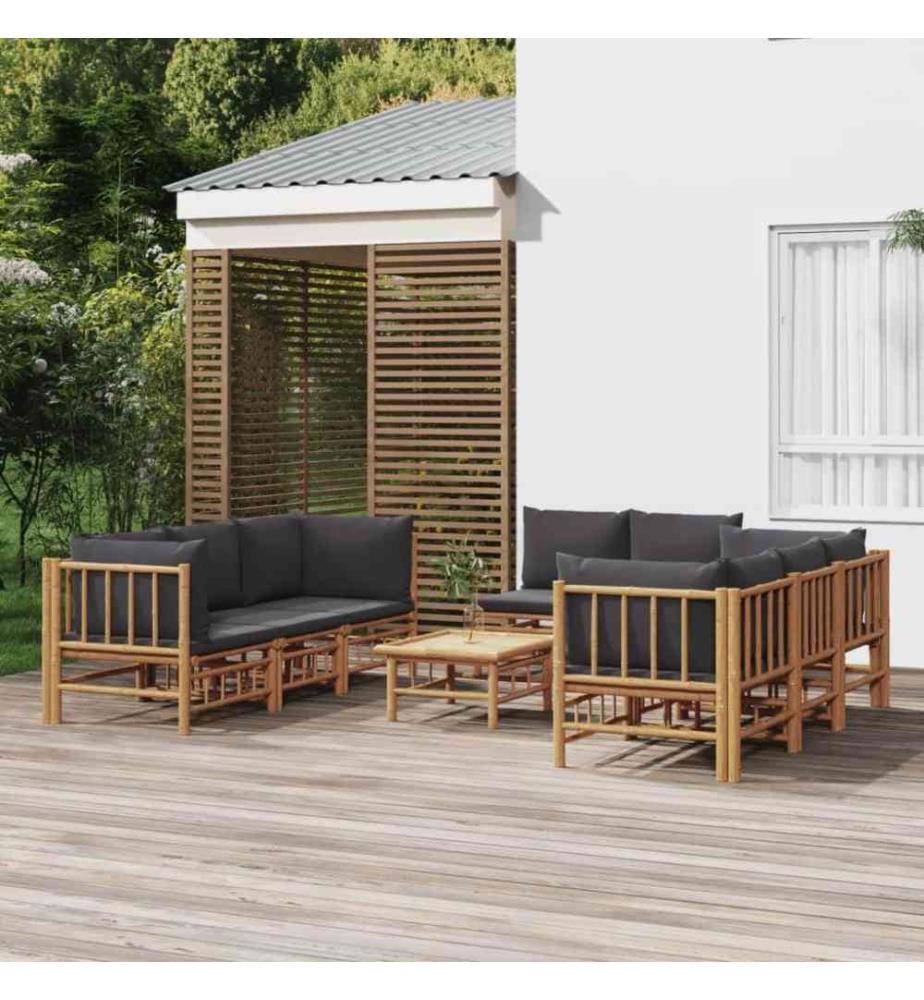 9-tlg. Garten-Lounge-Set mit Dunkelgrauen Kissen Bambus