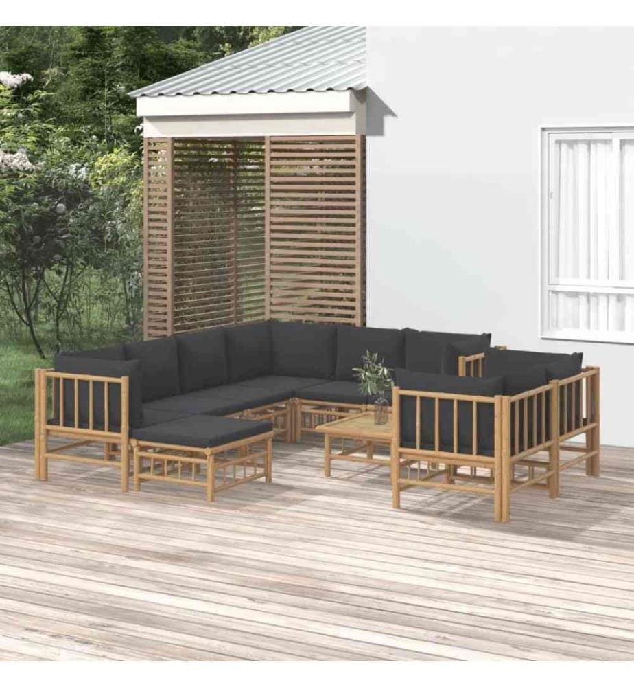 10-tlg. Garten-Lounge-Set mit Dunkelgrauen Kissen Bambus