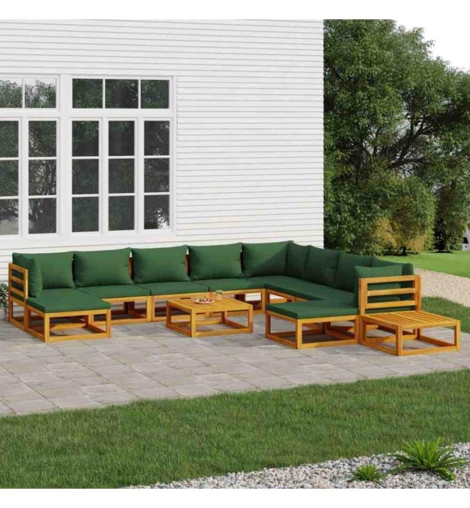 Salon de jardin 12 pcs avec coussins vert bois massif