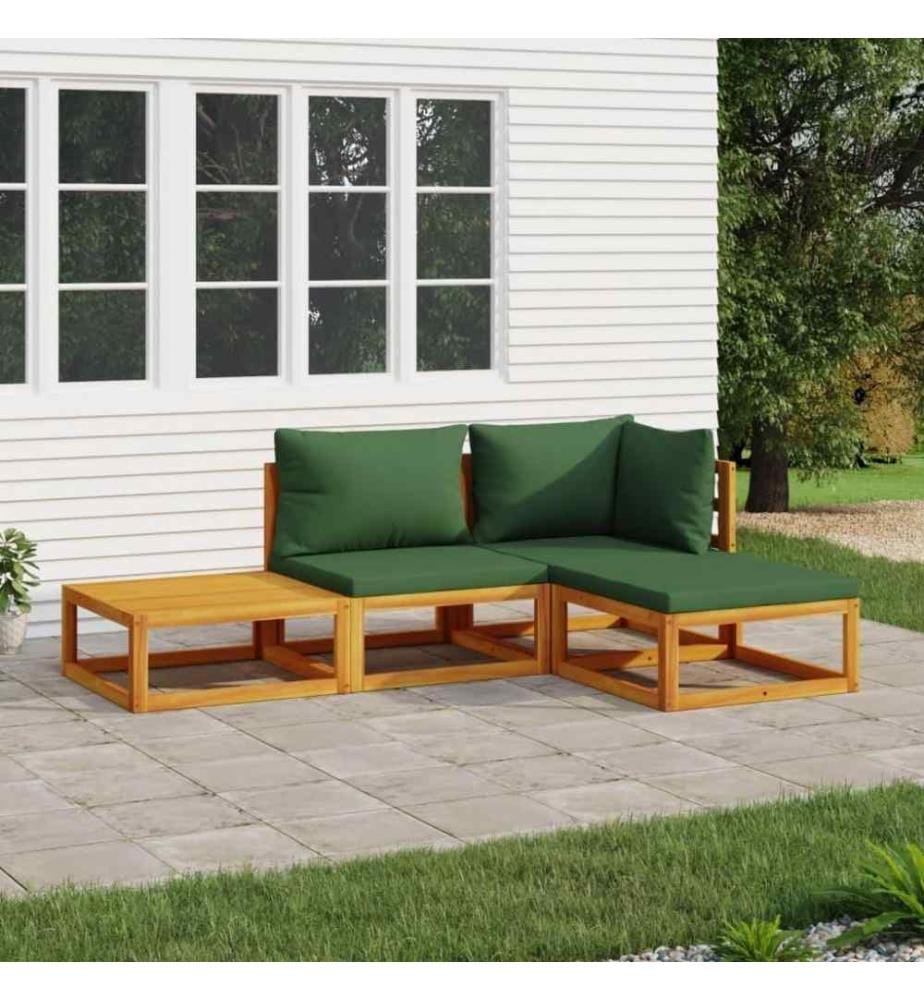 Salon de jardin 4 pcs avec coussins vert bois massif