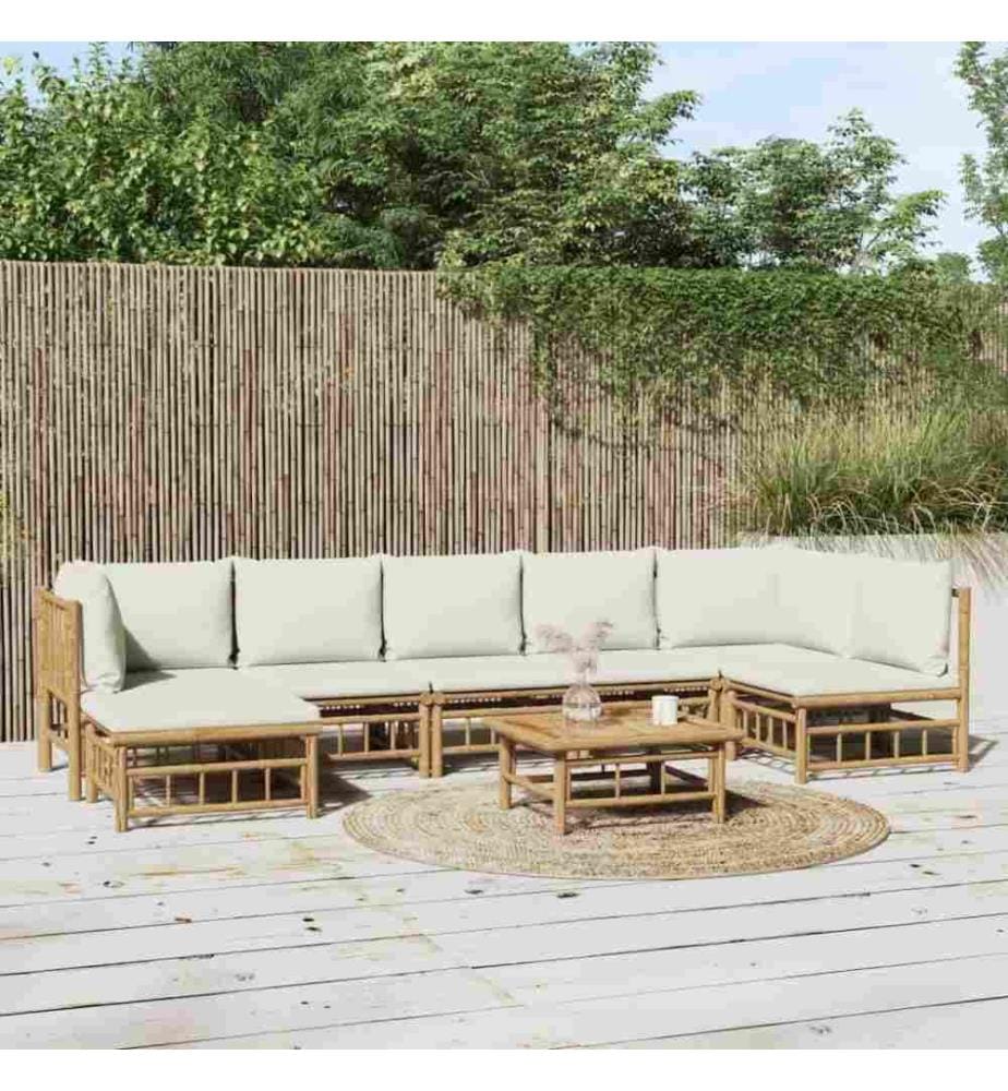 Salon de jardin 8 pcs avec coussins blanc crème bambou