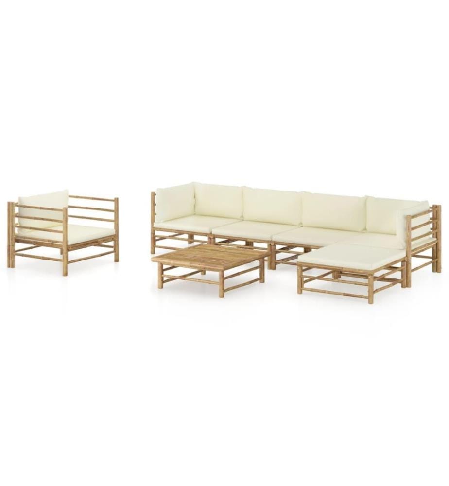 7-tlg. Garten-Lounge-Set mit Cremeweissen Kissen Bambus