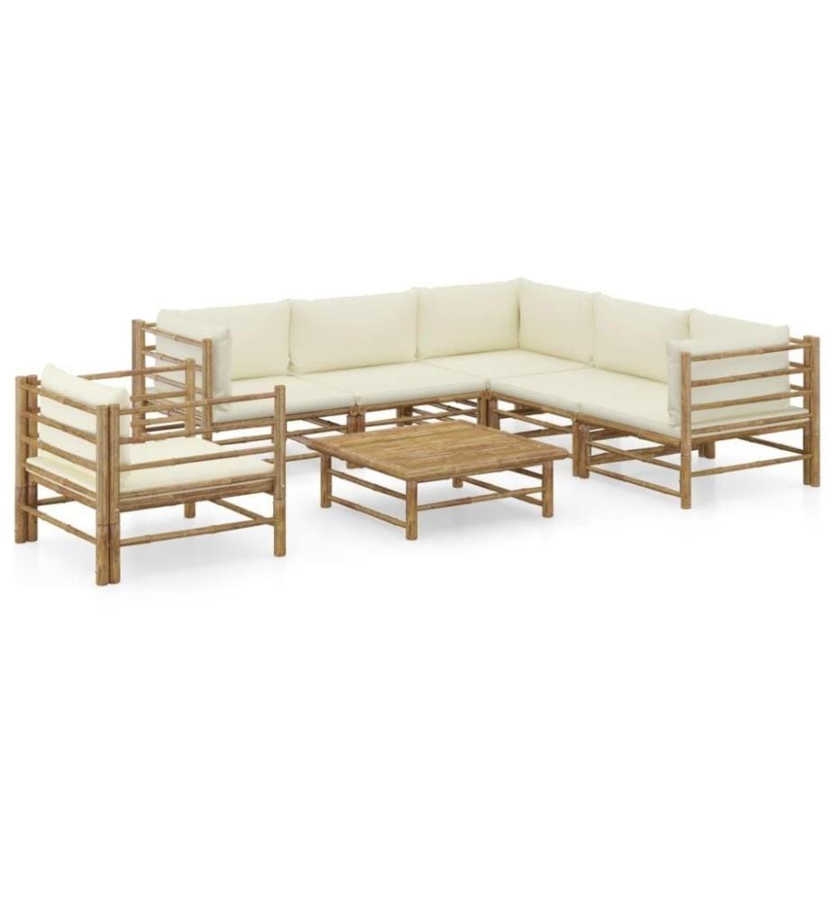 Salon de jardin 7 pcs avec coussins blanc crème Bambou