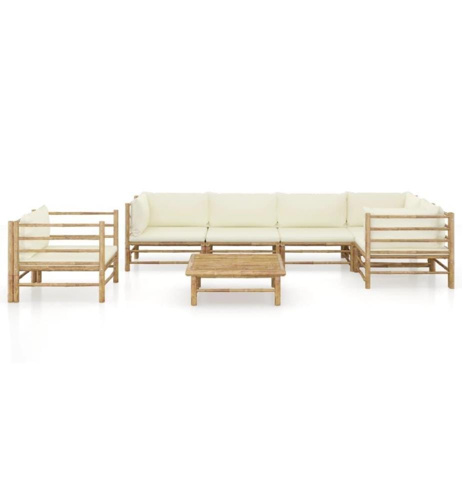 Salon de jardin 7 pcs avec coussins blanc crème Bambou