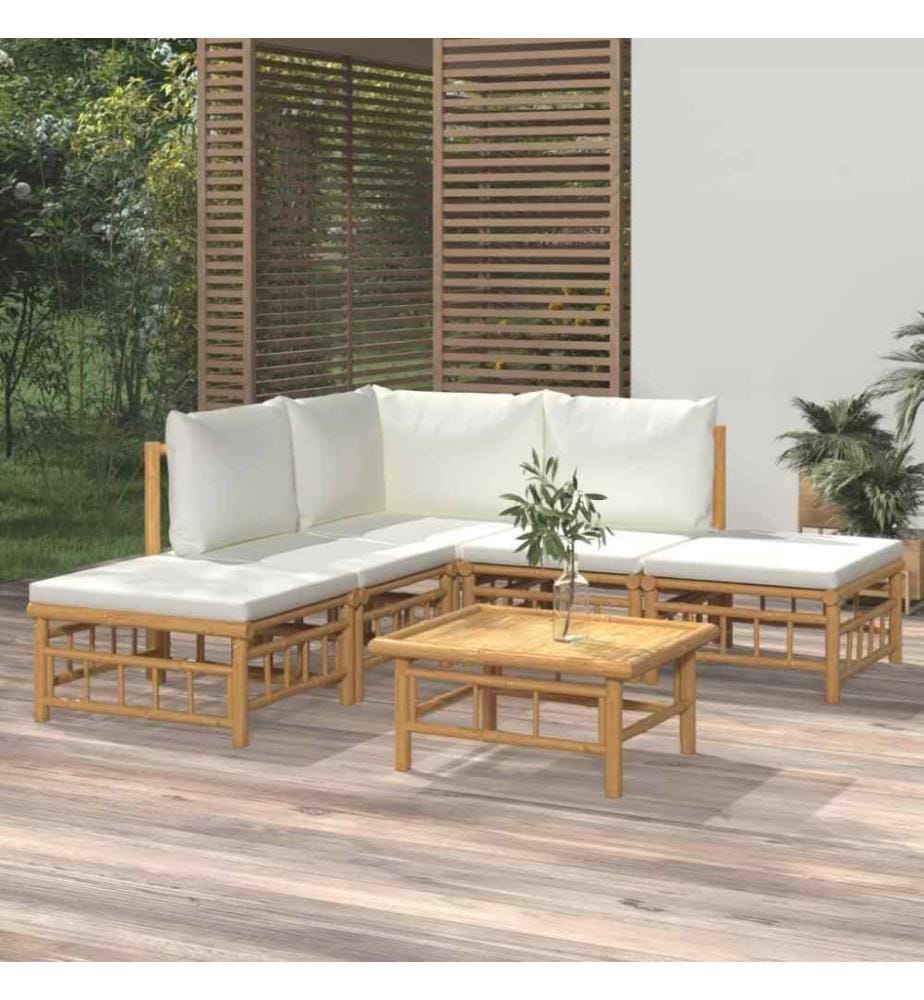 Salon de jardin 6 pcs avec coussins blanc crème bambou