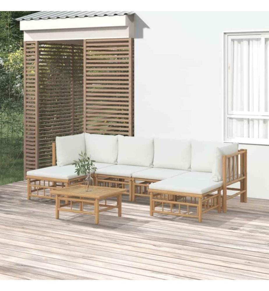 Salon de jardin 7 pcs avec coussins blanc crème bambou