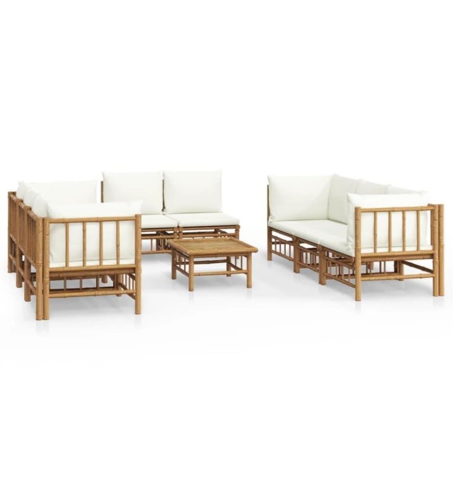 Salon de jardin 9 pcs avec coussins blanc crème bambou