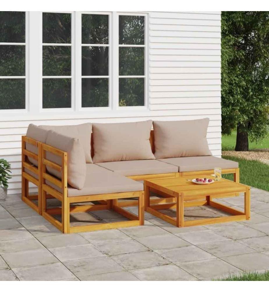 Salon de jardin 5 pcs avec coussins taupe bois massif