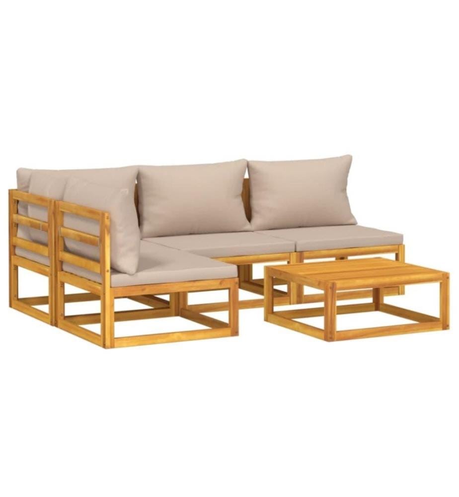 Salon de jardin 5 pcs avec coussins taupe bois massif
