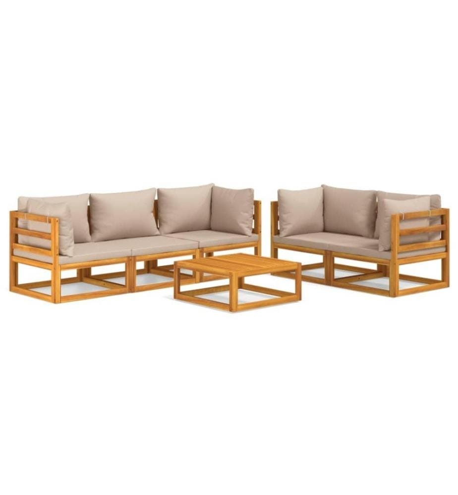 Salon de jardin 6 pcs avec coussins taupe bois massif