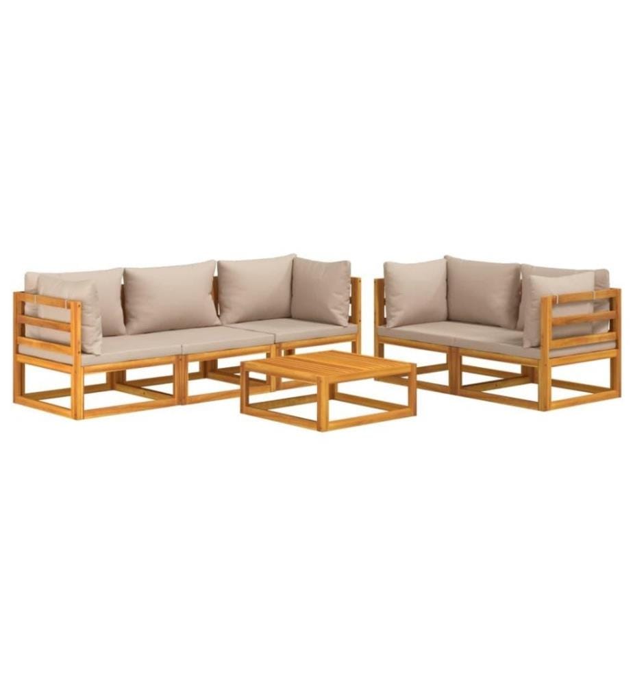Salon de jardin 6 pcs avec coussins taupe bois massif