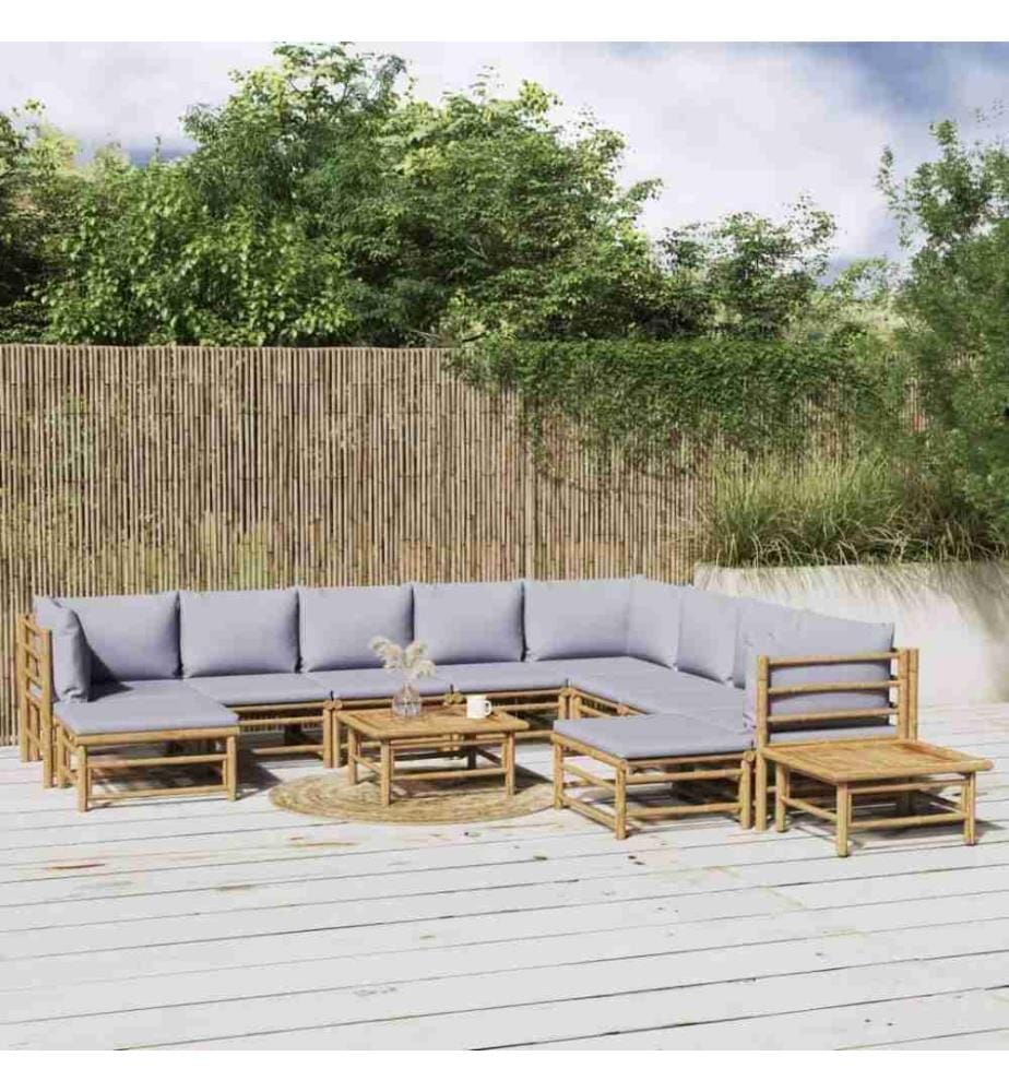 12-tlg. Garten-Lounge-Set mit Hellgrauen Kissen Bambus