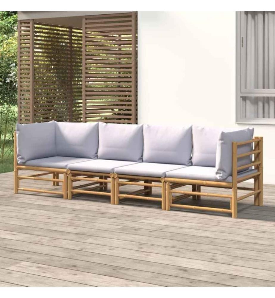 4-tlg. Garten-Lounge-Set mit Hellgrauen Kissen Bambus
