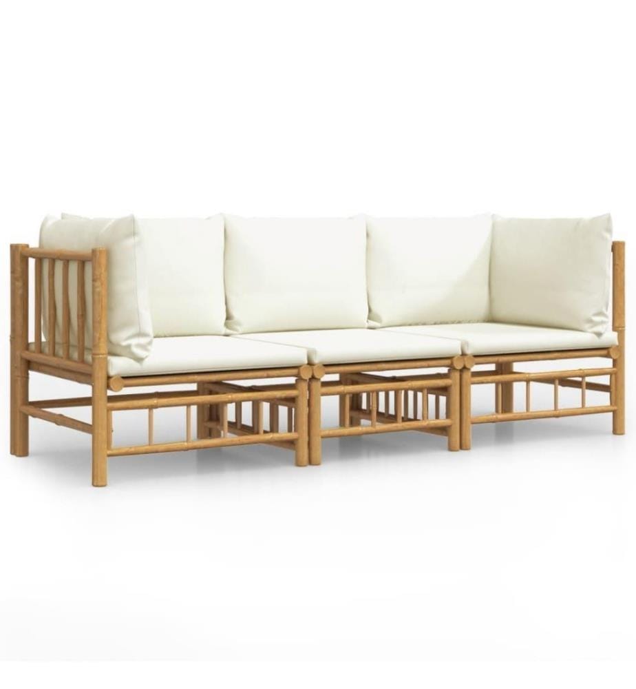 Salon de jardin 3 pcs avec coussins blanc crème bambou
