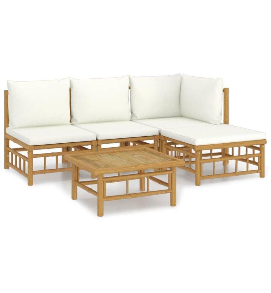 Salon de jardin 5 pcs avec coussins blanc crème bambou