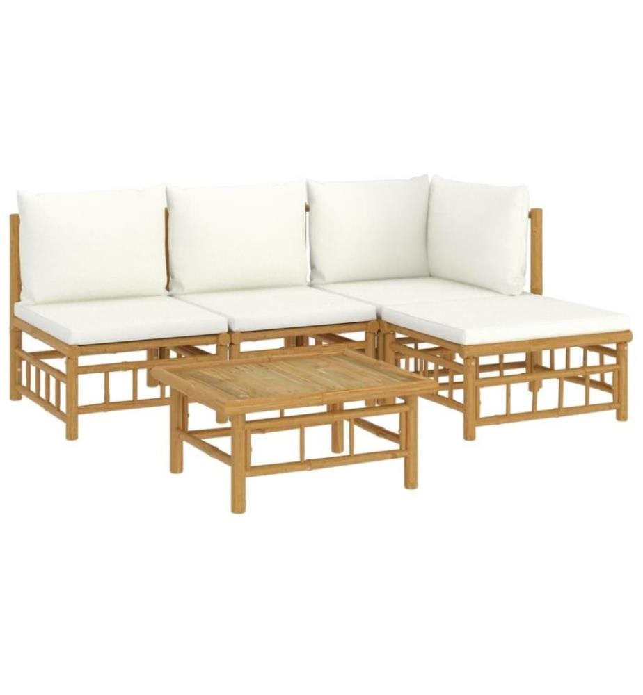 Salon de jardin 5 pcs avec coussins blanc crème bambou