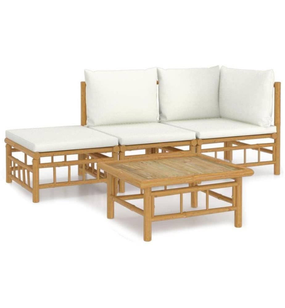 Salon de jardin 4 pcs avec coussins blanc crème bambou