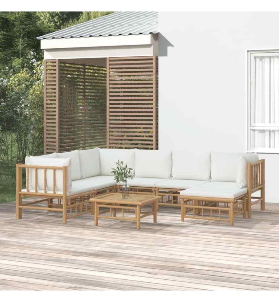 Salon de jardin 8 pcs avec coussins blanc crème bambou