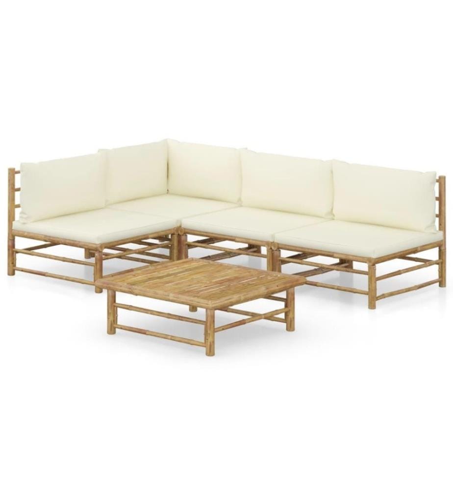 5-tlg. Garten-Lounge-Set mit Cremeweissen Kissen Bambus