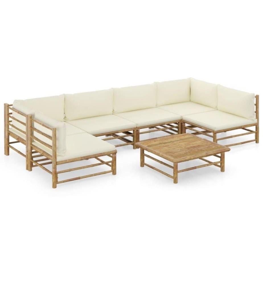 Salon de jardin 7 pcs avec coussins blanc crème Bambou