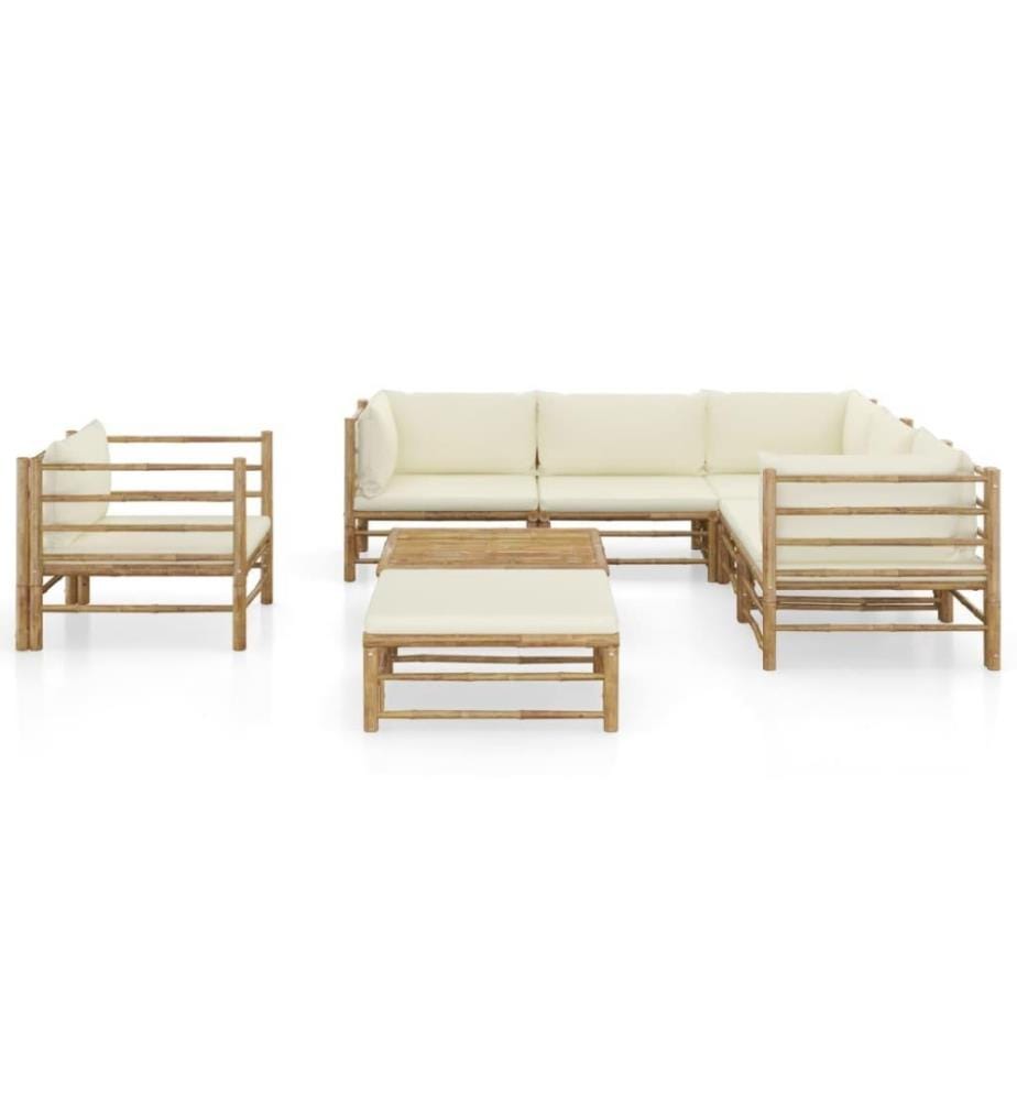 Salon de jardin 8 pcs avec coussins blanc crème Bambou