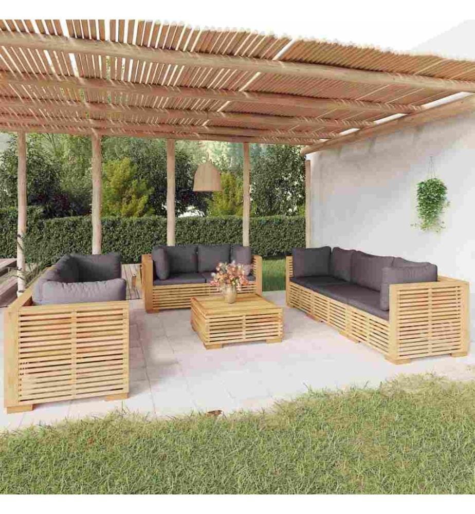Salon de jardin 9 pcs avec coussins Bois de teck solide