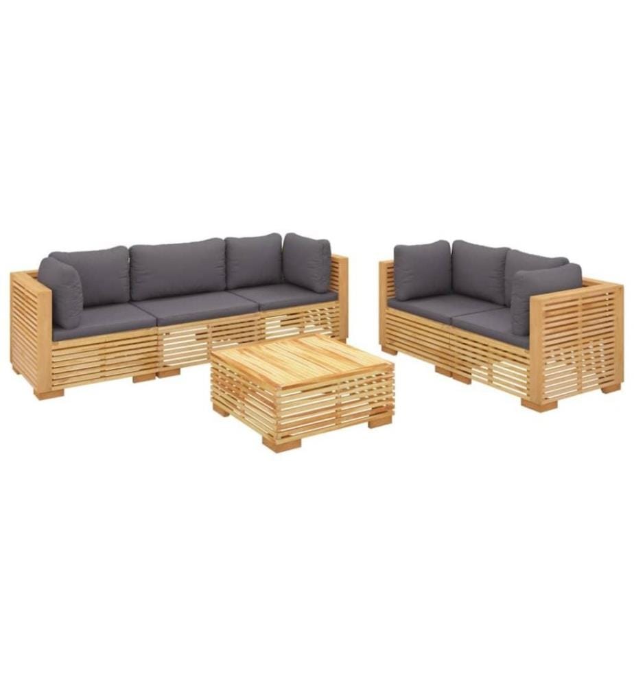 Salon de jardin 6 pcs avec coussins Bois de teck solide