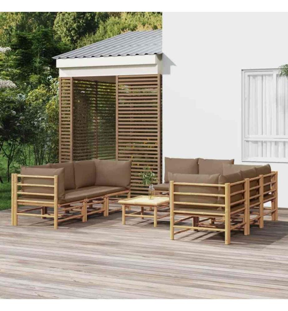 Salon de jardin 9 pcs avec coussins taupe bambou