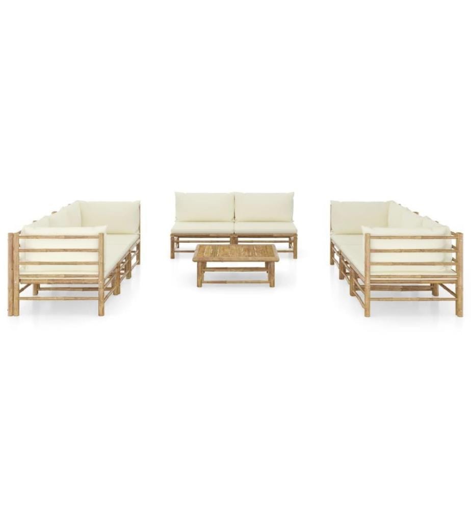 Salon de jardin 9 pcs avec coussins blanc crème Bambou