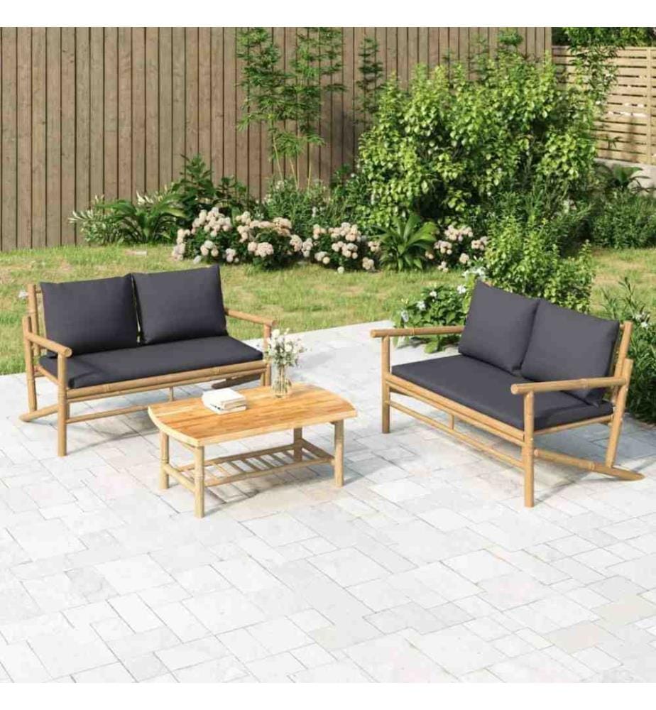 3-tlg. Garten-Lounge-Set mit Dunkelgrauen Kissen Bambus