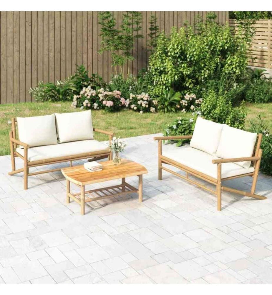 Salon de jardin 3 pcs avec coussins blanc crème bambou