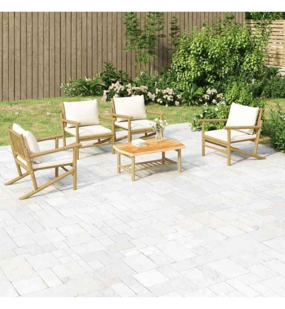 Salon de jardin 5 pcs avec coussins blanc crème bambou