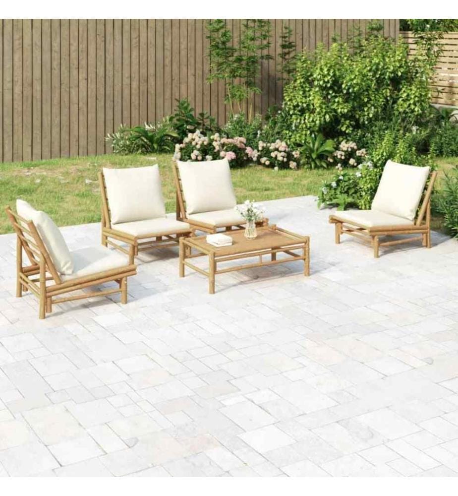 5-tlg. Garten-Lounge-Set mit Cremeweissen Kissen Bambus