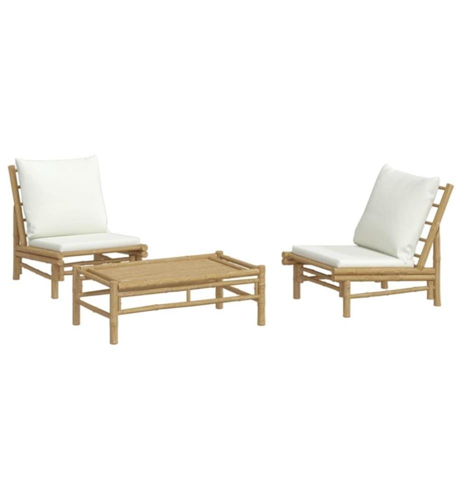Salon de jardin 3 pcs avec coussins blanc crème bambou