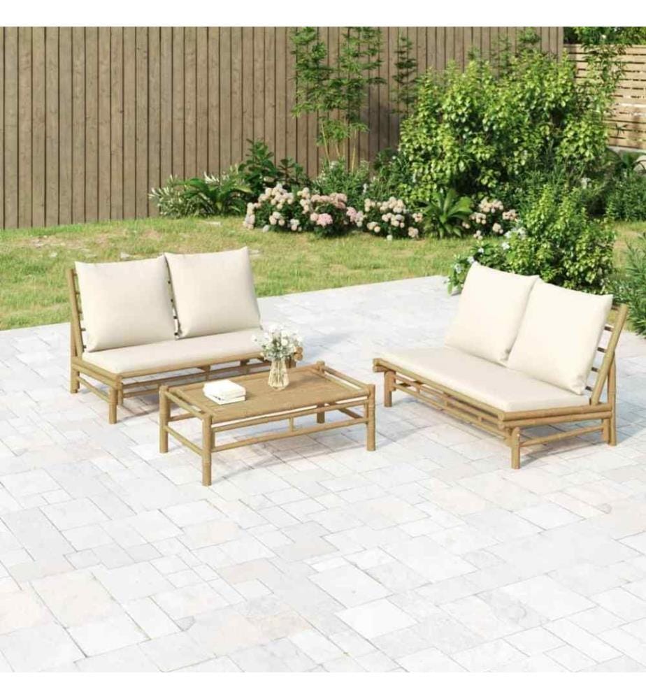 Salon de jardin 3 pcs avec coussins blanc crème bambou