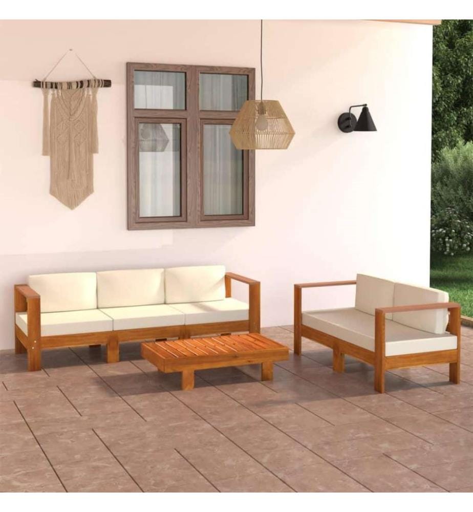 Salon de jardin 5 pcs avec coussins blanc crème Bois d'acacia
