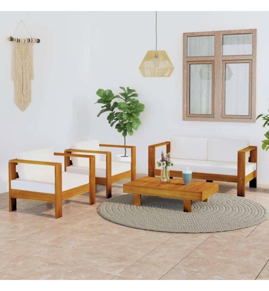 Salon de jardin 4 pcs avec coussins blanc crème Bois d'acacia