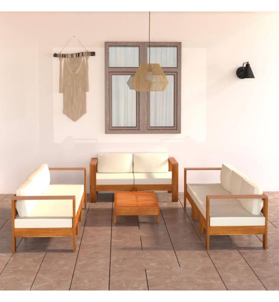 Salon de jardin 8 pcs avec coussins blanc crème Bois d'acacia
