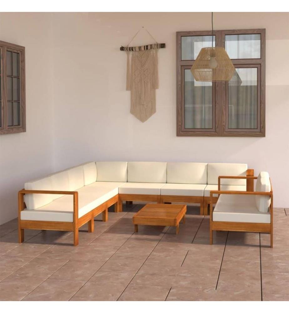 Salon de jardin 9 pcs avec coussins blanc crème Bois d'acacia