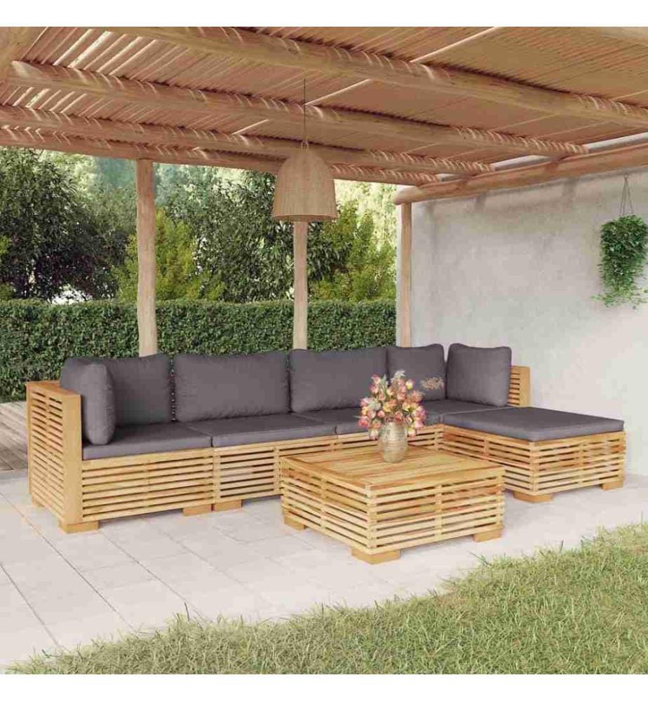Salon de jardin 6 pcs avec coussins Bois de teck solide
