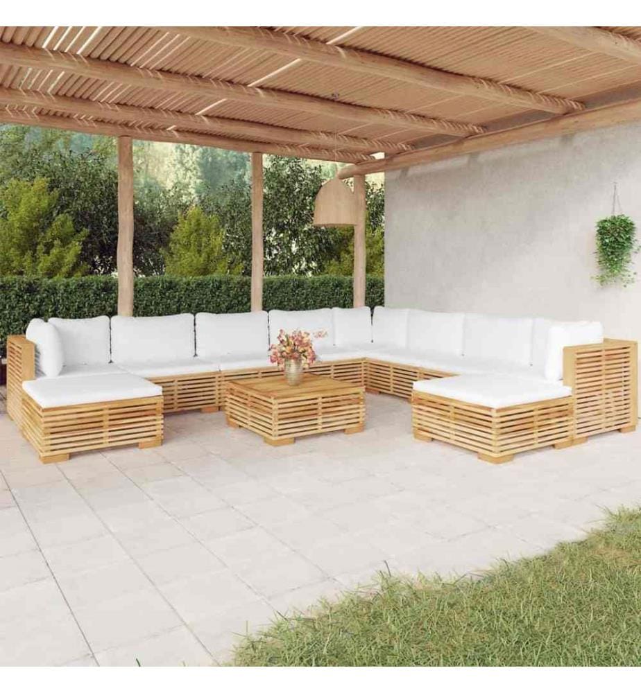 Salon de jardin 11 pcs avec coussins Bois de teck solide