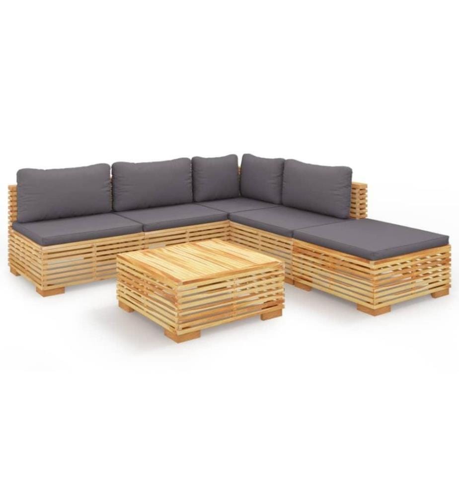 Salon de jardin 6 pcs avec coussins Bois de teck solide