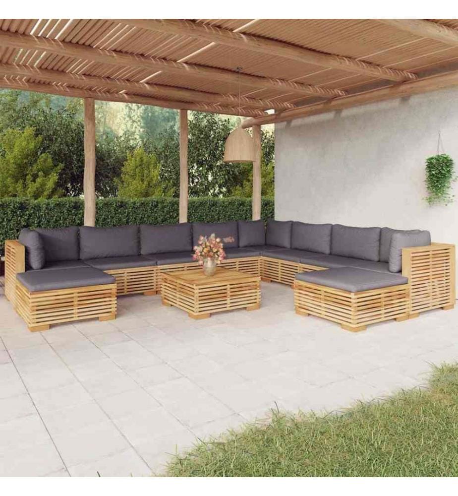 Salon de jardin 11 pcs avec coussins Bois de teck solide
