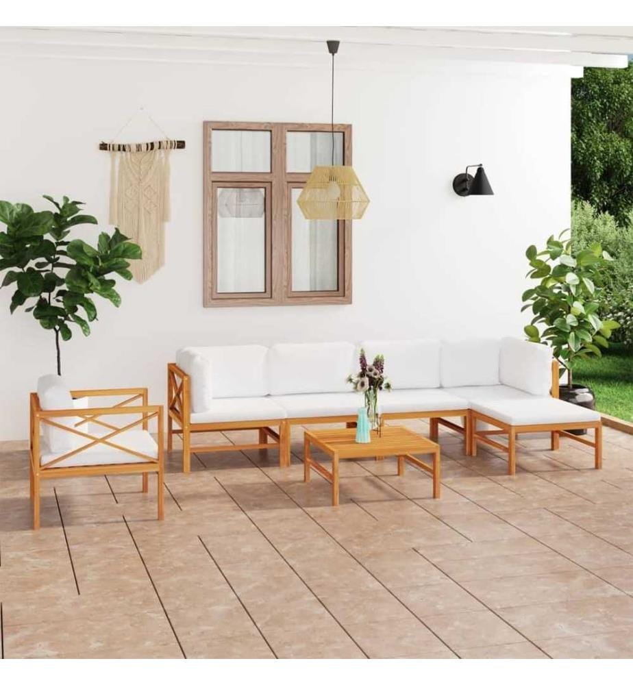 Salon de jardin 7 pcs avec coussins crème bois de teck solide