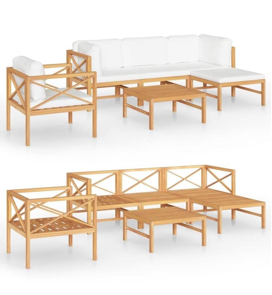 6-tlg. Garten-Lounge-Set mit Creme Kissen Massivholz Teak