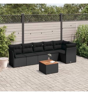 7-tlg. Garten-Sofagarnitur mit Kissen Schwarz Poly Rattan