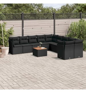 11-tlg. Garten-Sofagarnitur mit Kissen Schwarz Poly Rattan