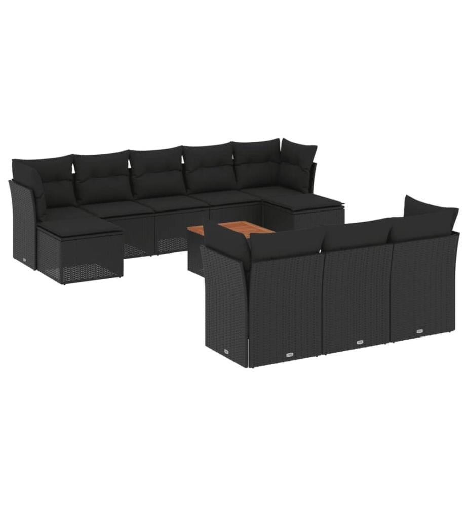 11-tlg. Garten-Sofagarnitur mit Kissen Schwarz Poly Rattan